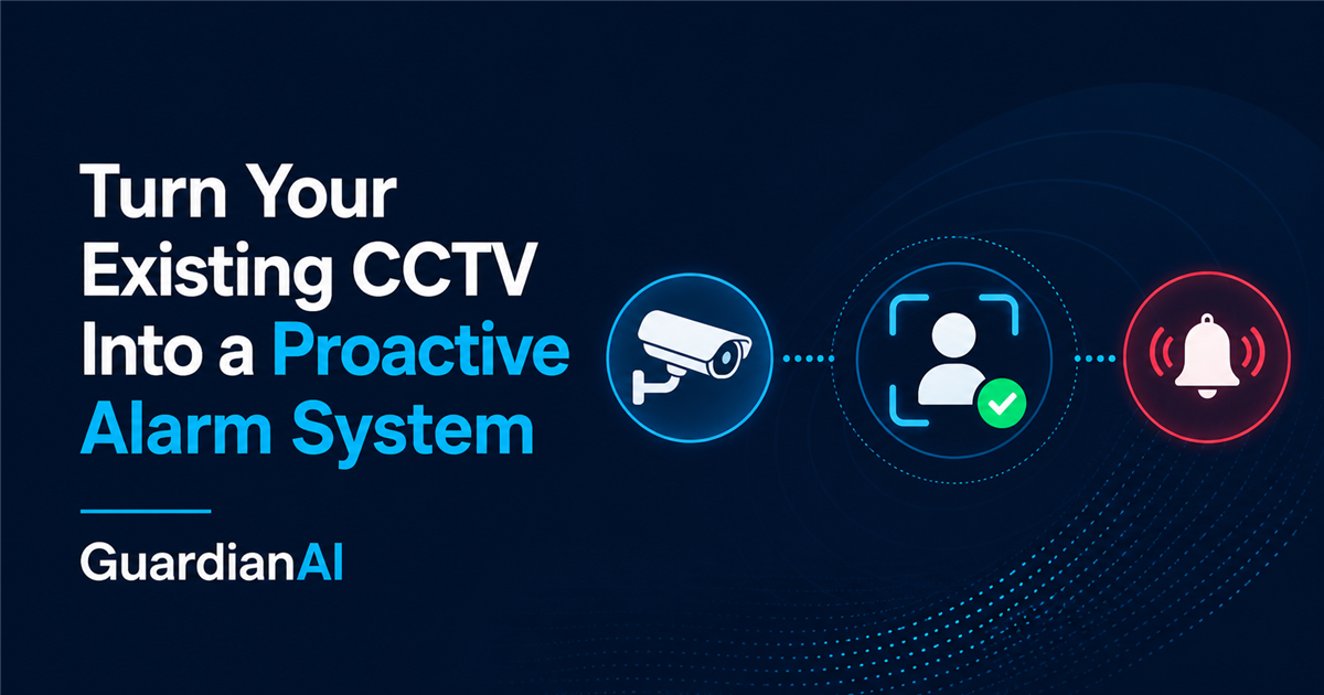 Illustrated GuardianAI workflow from existing CCTV to person detection and an alert