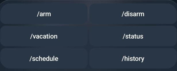 GuardianAI Telegram controls for arm, disarm, vacation, status, schedule and history